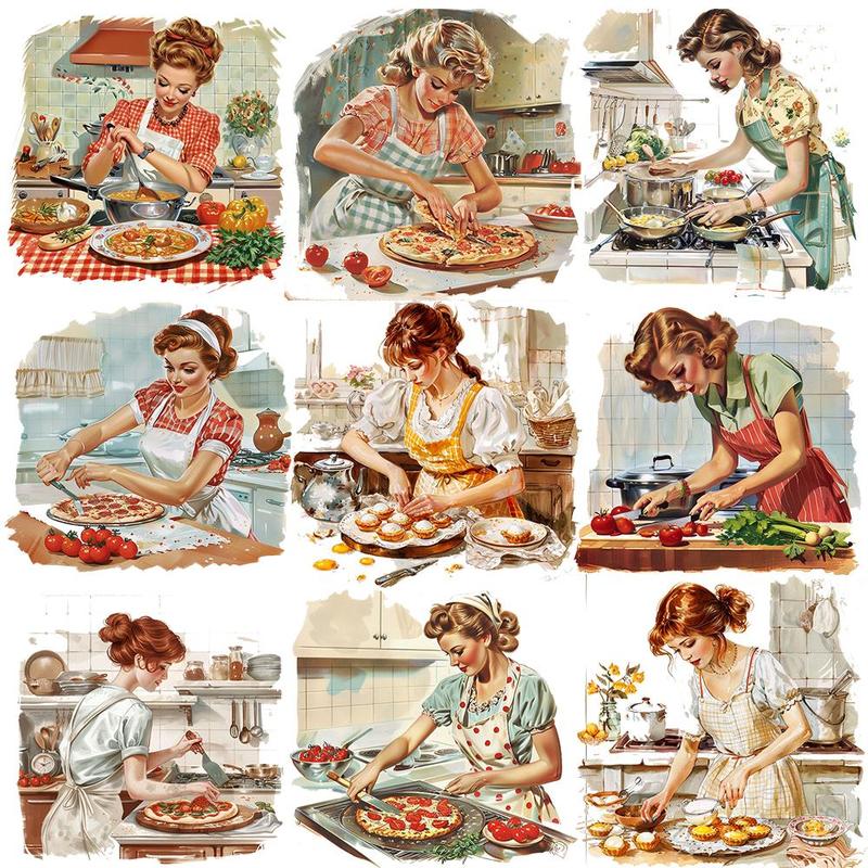 Vintage Kitchen Woman Pattern Sticker, 20pcs set Retro Kitchen Woman Anime Sticker, DIY Decorative Sticker for Scrapbooking, Journaling, Gift Wrapping