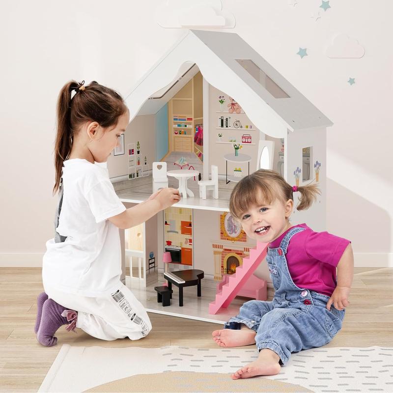 [ShopTab] Festival Joy Doll House for Little Princess, Story Wooden Dollhouse, Pieces Play Accessories & Furniture Included, Pretend Play Doll House Toy