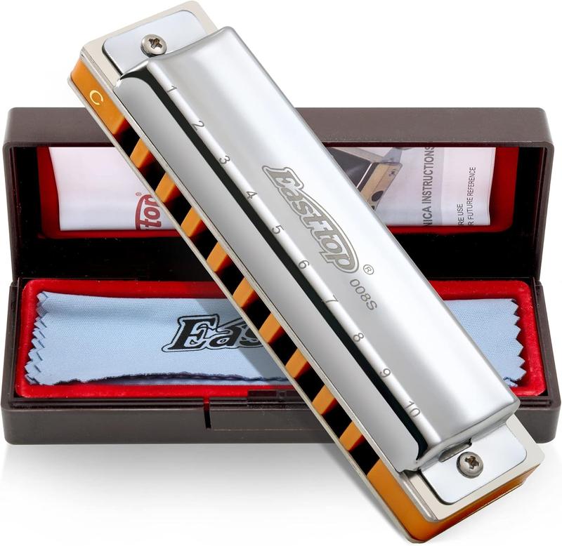 East top Harmonica, Advanced Diatonic Harmonica, 10 Holes Blues Harp Mouth Organ Harmonica with Silver Cover, Blues Harmonicas For Adults, Professionals and Students