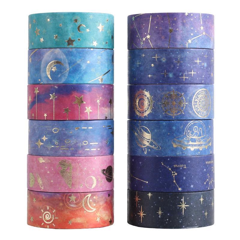 Starry Sky Themed Washi Tape Set for Christmas Gift, 12 Rolls box Handbook DIY Decoration Aesthetic Sticker, Scrapbooking & Journal Making Material Gift for Student