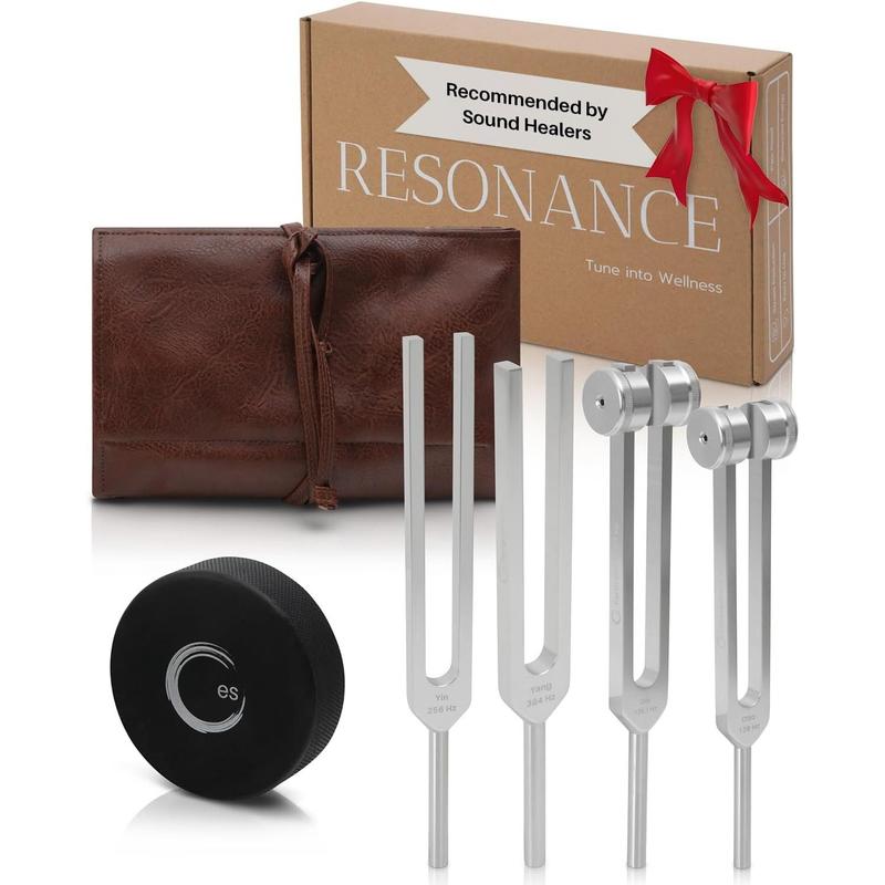 Resonance Tuning Forks for Healing Set - Weighted & Unweighted Tuning Fork Set Including 128Hz, 136Hz, 256Hz, 384Hz & Hockey Puck Activator - Chakra Sound Therapy Instruments in a Vegan Leather Pouch