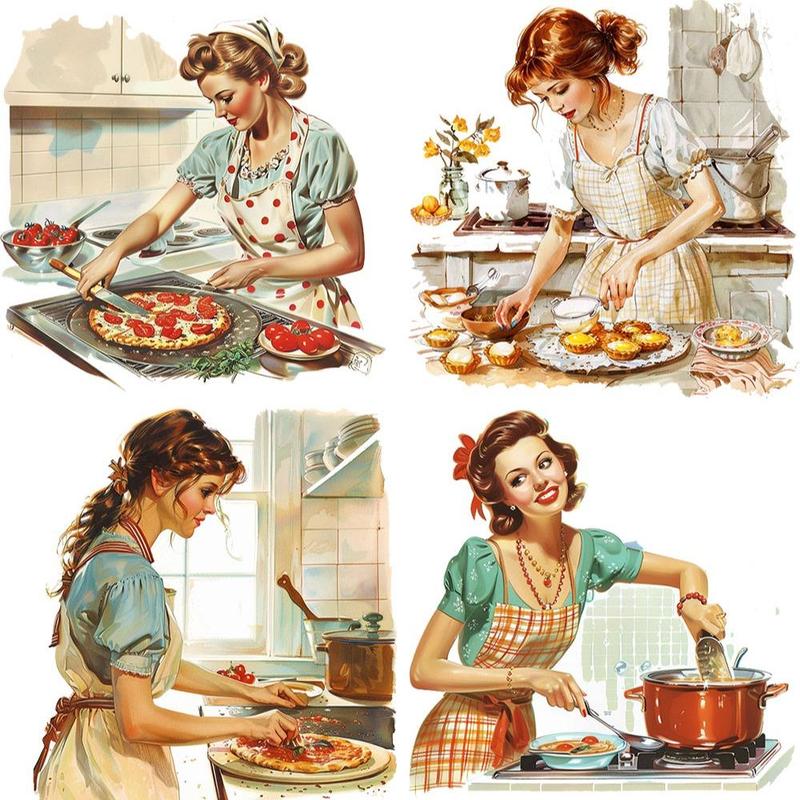 Vintage Kitchen Woman Pattern Sticker, 20pcs set Retro Kitchen Woman Anime Sticker, DIY Decorative Sticker for Scrapbooking, Journaling, Gift Wrapping