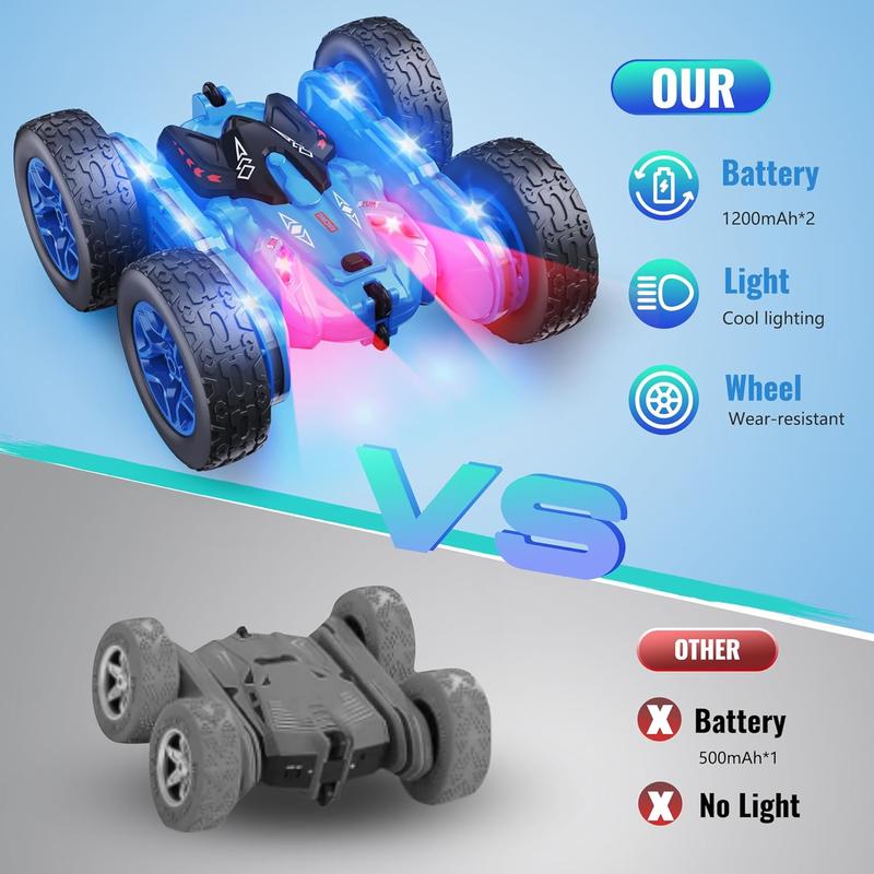 Remote Control Car, RC Cars with Strip Lights and Headlight, 2 Hours Long Battery Life, 4WD Double-Sided 360° Flips Rotating Stunt RC Car Toys, Birthday Gift for Boys Girls (Blue)