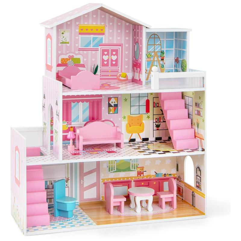 [ShopTab] Festival Joy Doll House for Little Princess, Story Wooden Dollhouse, Pieces Play Accessories & Furniture Included, Pretend Play Doll House Toy