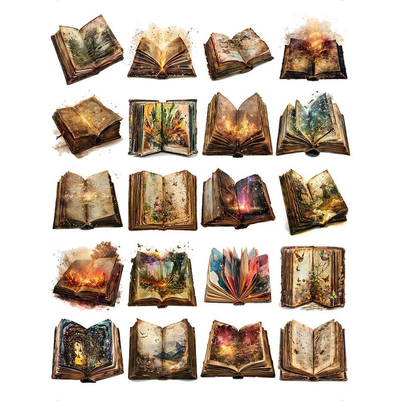 Vintage Magic Books Pattern Sticker, 20pcs set Retro Magic Books Sticker, DIY Decorative Sticker for Scrapbooking, Journaling, Gift Wrapping