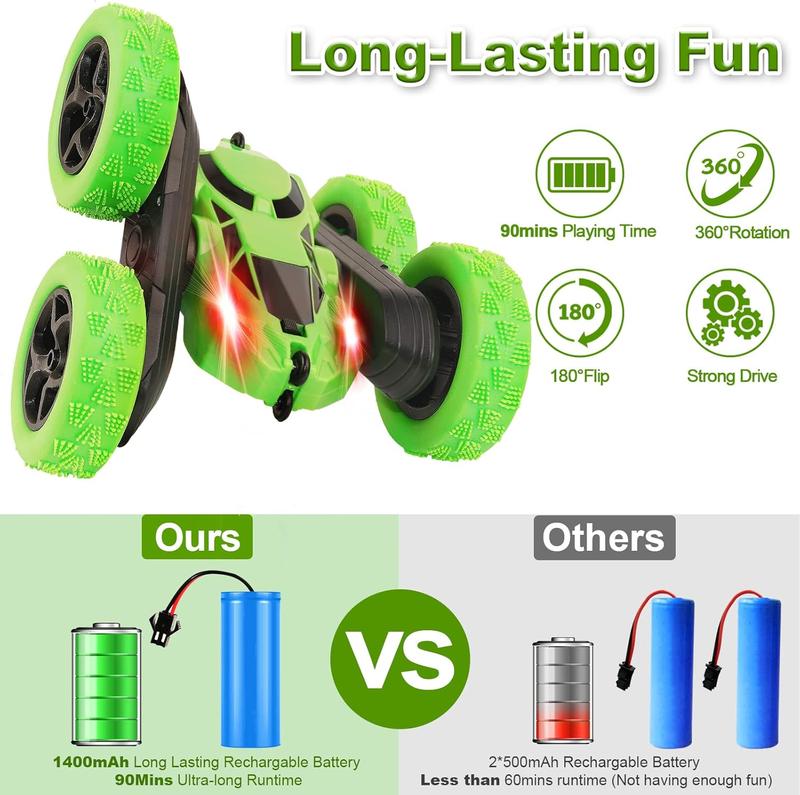 Remote Control Car Stunt RC Cars, 90 Min Playtime, 2.4Ghz Double Sided 360 Rotating RC Crawler with Headlights, 4WD Off Road Drift RC Race Car Toy for Boys and Girls Aged 6-12 Green