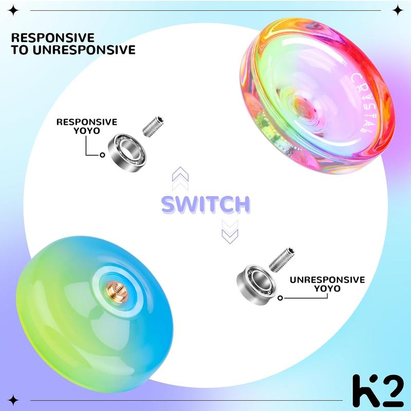 MAGICYOYO Pack of 2 Yoyos K2 Crystal- Dual Purpose Responsive Yo-yo for Kids Beginners, with Extra Unresponsive Yo Yo Bearing+ Removal Tool + 12 Yoyo Strings+ Yo-yo Case(Rainbow Gradient)