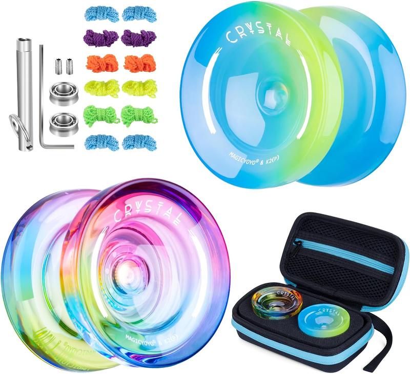 MAGICYOYO Pack of 2 Yoyos K2 Crystal- Dual Purpose Responsive Yo-yo for Kids Beginners, with Extra Unresponsive Yo Yo Bearing+ Removal Tool + 12 Yoyo Strings+ Yo-yo Case(Rainbow Gradient)