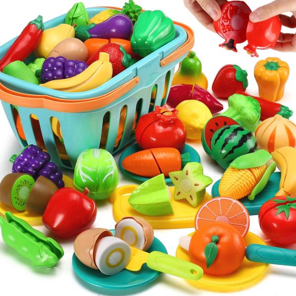 70 PCS Cutting Play Food Toy for Kids Kitchen, Pretend Fruit & Vegetable Accessories with Shopping Basket, Mini Dishes, Education Toy for Toddler