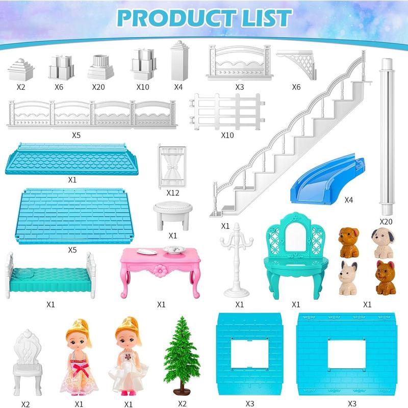 Dolls House, 4 Stories 10 Rooms Dolls House with 2 Princesses Slide Accessories, Playset Playhouse Gift