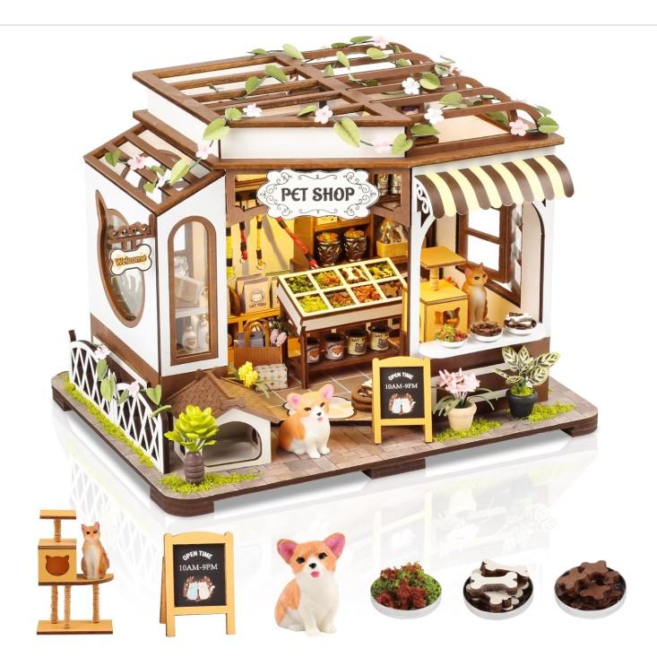 DIY Miniature House Kit,Pet Shop Dollhouse with Furniture & LED,Adults Teens Mini House Building Kit,3D Wooden Crafts Tiny House Model,Xmas New Year Birthday Gifts Home Table Decor,Fun for Self Time