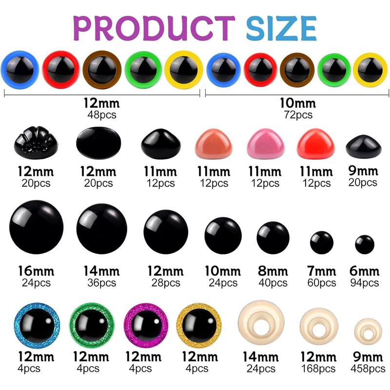 1100PCS, Safety Eyes and Nose, Safety Eyes for Crocheting, Colorful Doll Crochet Eyes with Washers, Suitable for Plush Toys, Crocheted Toys, Plush Dolls (Various Sizes)