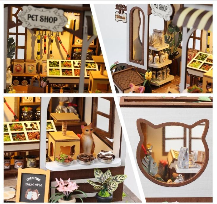 DIY Miniature House Kit,Pet Shop Dollhouse with Furniture & LED,Adults Teens Mini House Building Kit,3D Wooden Crafts Tiny House Model,Xmas New Year Birthday Gifts Home Table Decor,Fun for Self Time