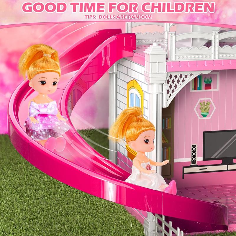 Dolls House, 4 Stories 10 Rooms Dolls House with 2 Princesses Slide Accessories, Playset Playhouse Gift