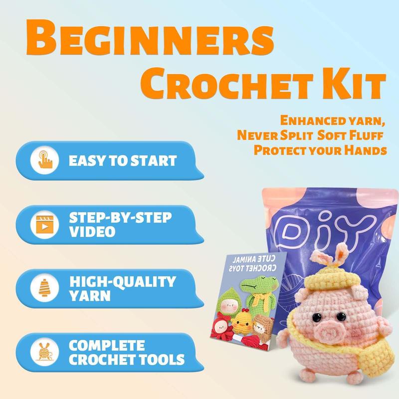 Cute Piggy Design Crochet Kit(1 Set), Including Yarn, Videos Tutorials, Crochet Tools, Stuffing, Seam Markers, Instructions & Knitting Tools