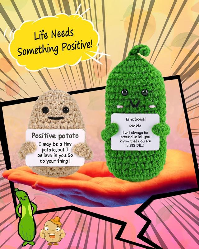 2PCS Positive Crochet Potato Pickle Birthday Gifts, Mom Dad Friend Gifts for Anniversary & Christmas Day, Cute Funny Emotional Positive Knitted Cucumber, Room Decors