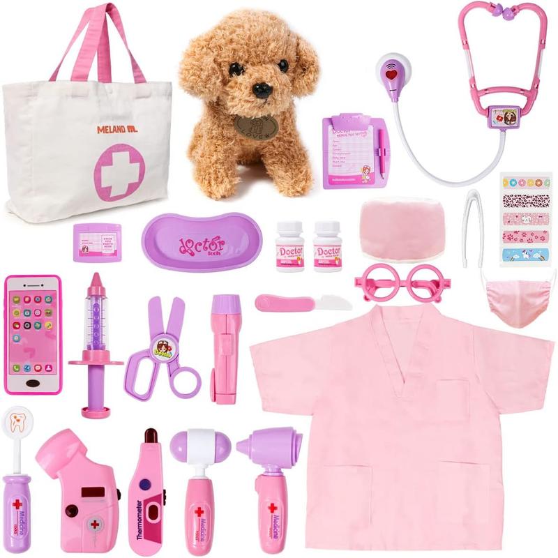 Toy Doctor Kit for Girls - Pretend Play Doctor Set with Dog Toy, Carrying Bag, Stethoscope Toy & Dress Up Costume - Doctor Play Gift for Kids Ages 3 4 5 6 Year Old for Role Play