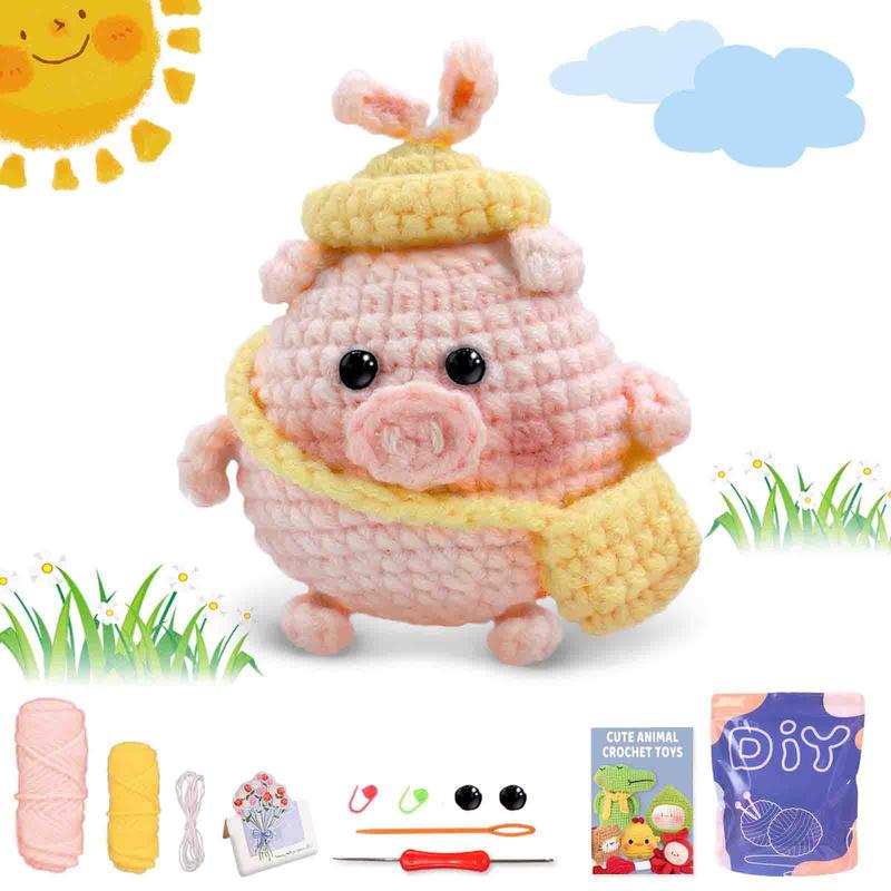 Cute Piggy Design Crochet Kit(1 Set), Including Yarn, Videos Tutorials, Crochet Tools, Stuffing, Seam Markers, Instructions & Knitting Tools