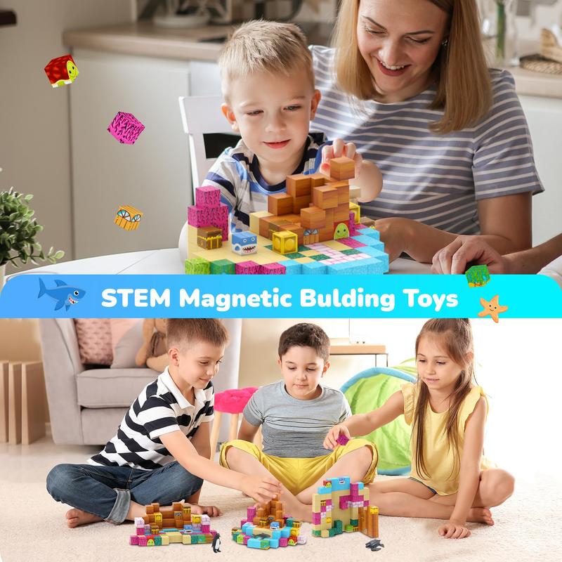 Magnetic Blocks-100PCS Magnetic Building Blocks Magnetic Tiles Stacking, Build-Magnet-World Set, STEM Montessori Sensory Toy smagnet blocks（110 Ocean & Fish）