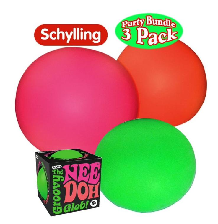 Schylling NeeDoh The Groovy Glob! Squishy, Squeezy, Stretchy Stress Balls Green, Orange & Pink Complete Gift Set Party Bundle - 3 Pack