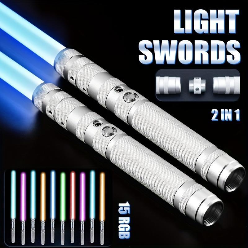 2 in 1 Light Up Saber, RGB 15 Colors LED Dual Laser Swords with 3 Modes Sound, Toy Sword for Kids, Cosplay, Party, Outdoor Play