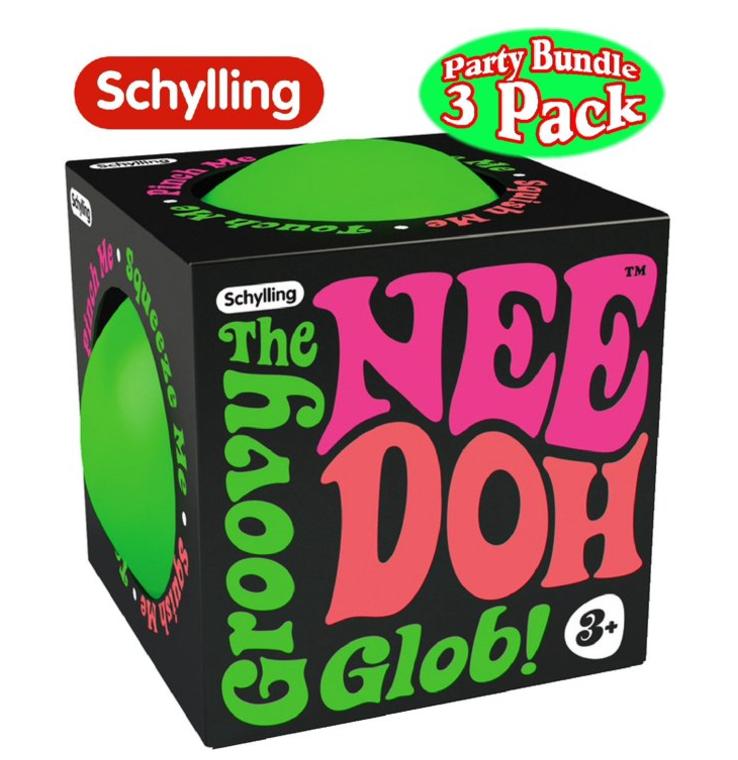 Schylling NeeDoh The Groovy Glob! Squishy, Squeezy, Stretchy Stress Balls Green, Orange & Pink Complete Gift Set Party Bundle - 3 Pack