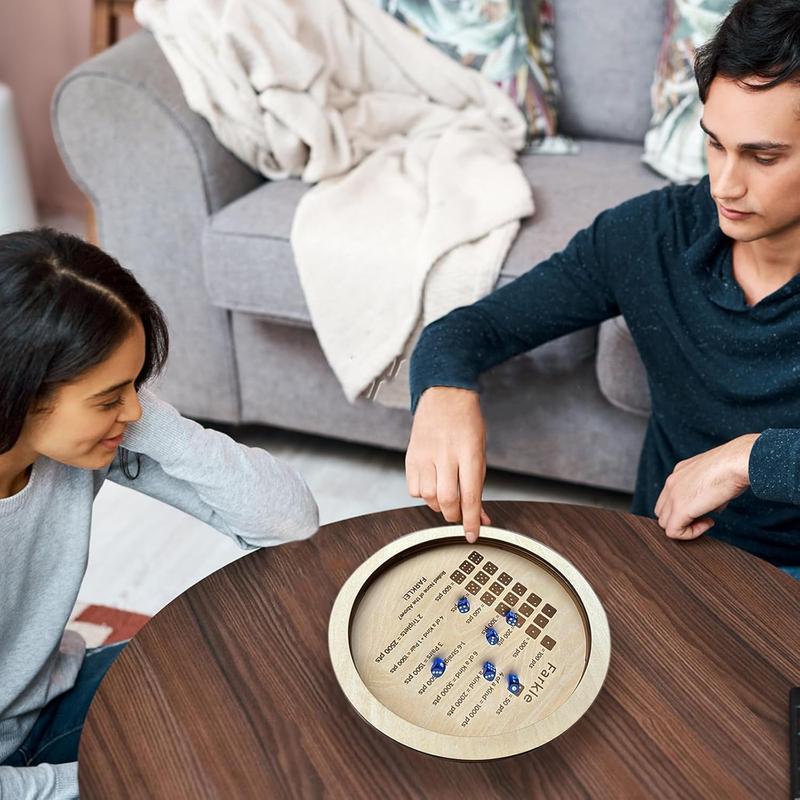 Wooden Dice Tray, 1 Count Round Dice Game with 6 Counts Dice, Party Game Supplies, Party Gift for Friend Family