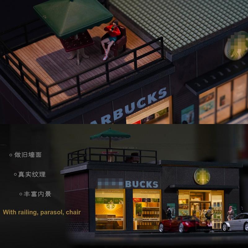 Diorama 1 64 Scale Car Garage Model LED Lighting Coffee Shop Repair Shop City Parking Lot Scene Display Building Model Toy Collection Gift