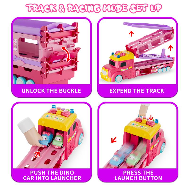 Car Toys for Age 2 3 4 5 6 7 Year Girl Toddler, Foldable Track & 2 Player Race Mode Game, Light & Sound Push Transport Carrier Truck W  6 Princess Car, Birthday Gift Idea for Kid