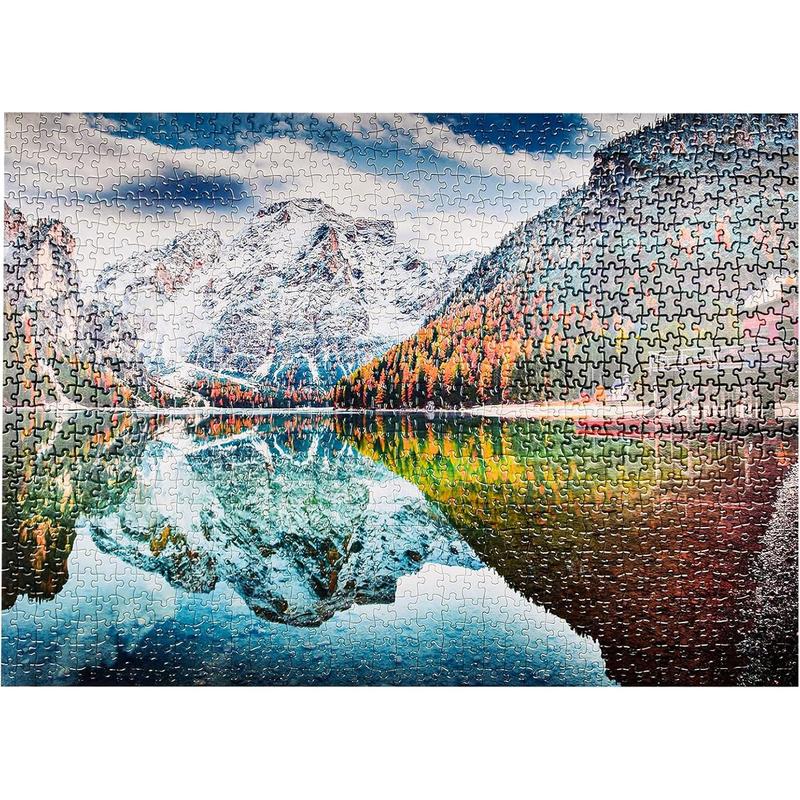 1000 piece puzzle for children and adults in the autumn nature park of the Italian Alps. Floor puzzle for children and adults