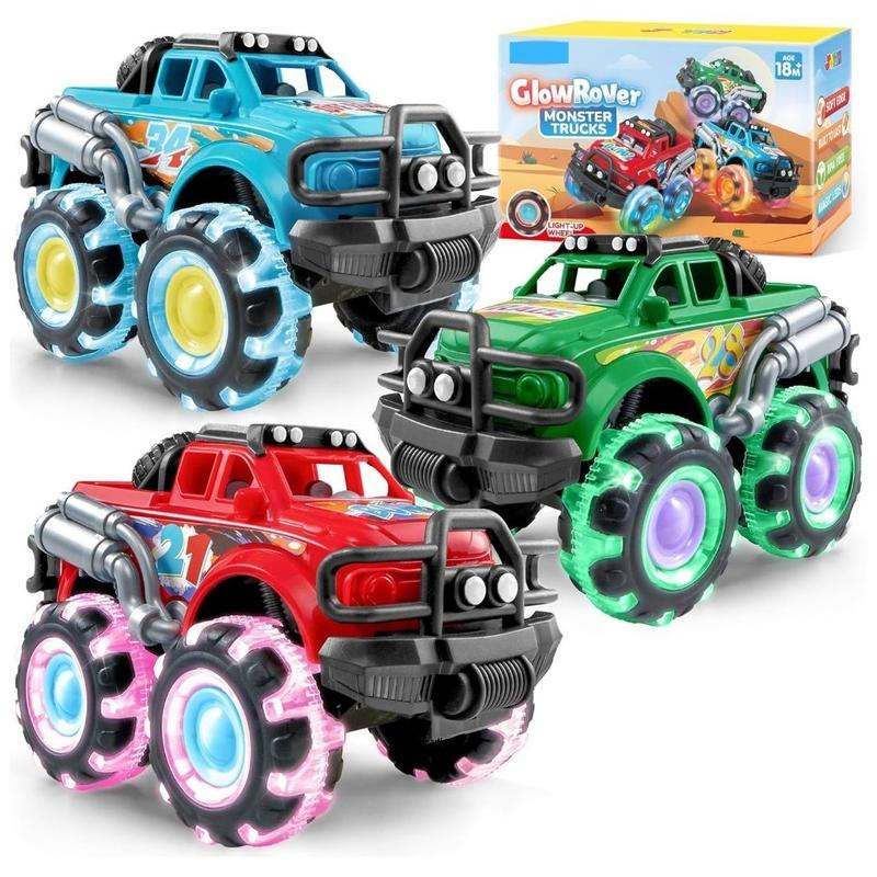 3Pack Monster Truck Toy - Toy Truck with Flashing LED Wheels - Light-Up Cars for Toddlers - Christmas, Birthday Gift for Kids - Friction-Powered