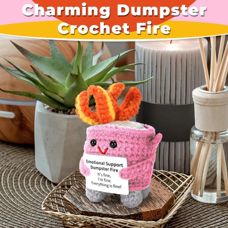 Creative Trash Can Flame Design Crochet Toy, 1 Count Emotional Support Dumpster Fire with Card, Festive Decorations for Home Office Desk