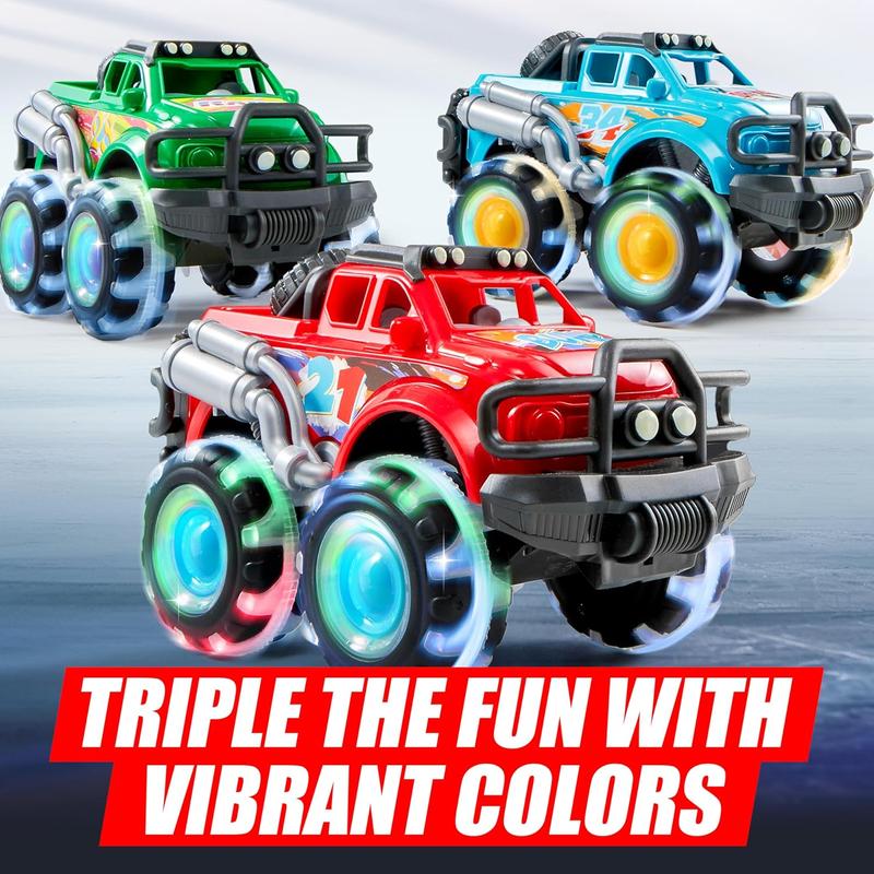 3Pack Monster Truck Toy - Toy Truck with Flashing LED Wheels - Light-Up Cars for Toddlers - Christmas, Birthday Gift for Kids - Friction-Powered