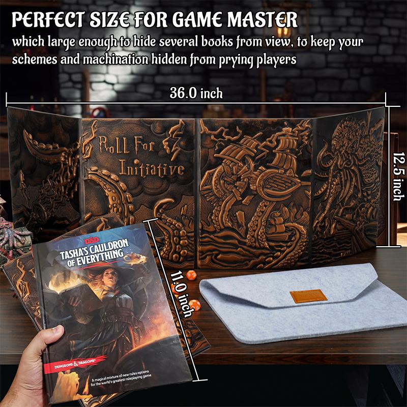 CZYY DND Dungeon Master Screen Four-Panel with Pockets, Faux Leather 3D Embossed with Cthulhu - Included DM Screen Inserts and Storage Case