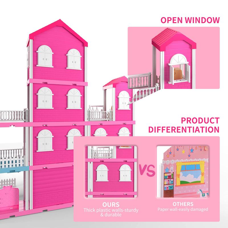 DollHouse with 2 Doll Toy Figures, 4-Story 10 Rooms Dollhouse with Accessories and Furniture, Dollhouse Kit Gift  Toys