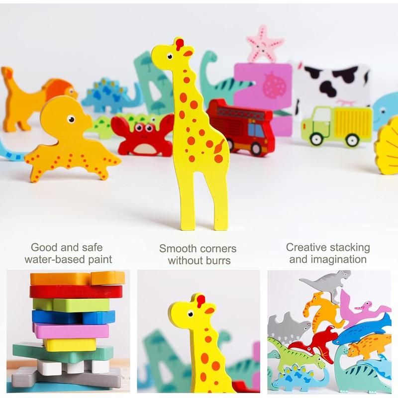 6 Packs Vehicles Animals Numbers Dinosaur Sorting & Stacking Toys Wooden Blocks and Puzzles for 3 4 5 Years Old Boys & Girls Birthday Holiday Montessori Gifts Toys for Kids