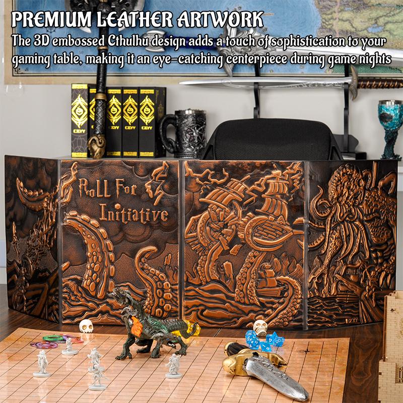 CZYY DND Dungeon Master Screen Four-Panel with Pockets, Faux Leather 3D Embossed with Cthulhu - Included DM Screen Inserts and Storage Case