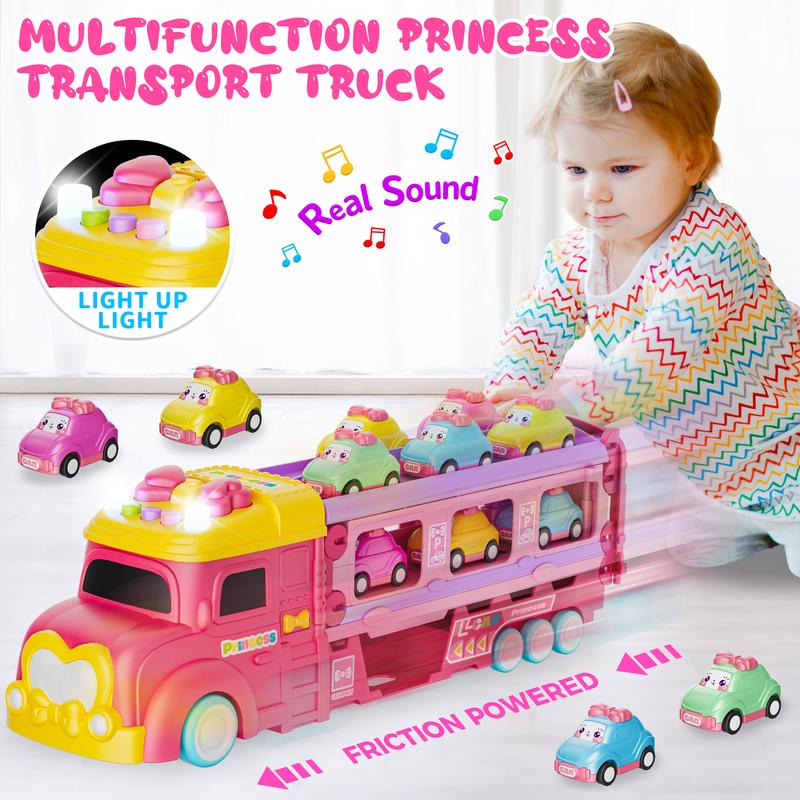 Car Toys for Age 2 3 4 5 6 7 Year Girl Toddler, Foldable Track & 2 Player Race Mode Game, Light & Sound Push Transport Carrier Truck W  6 Princess Car, Birthday Gift Idea for Kid