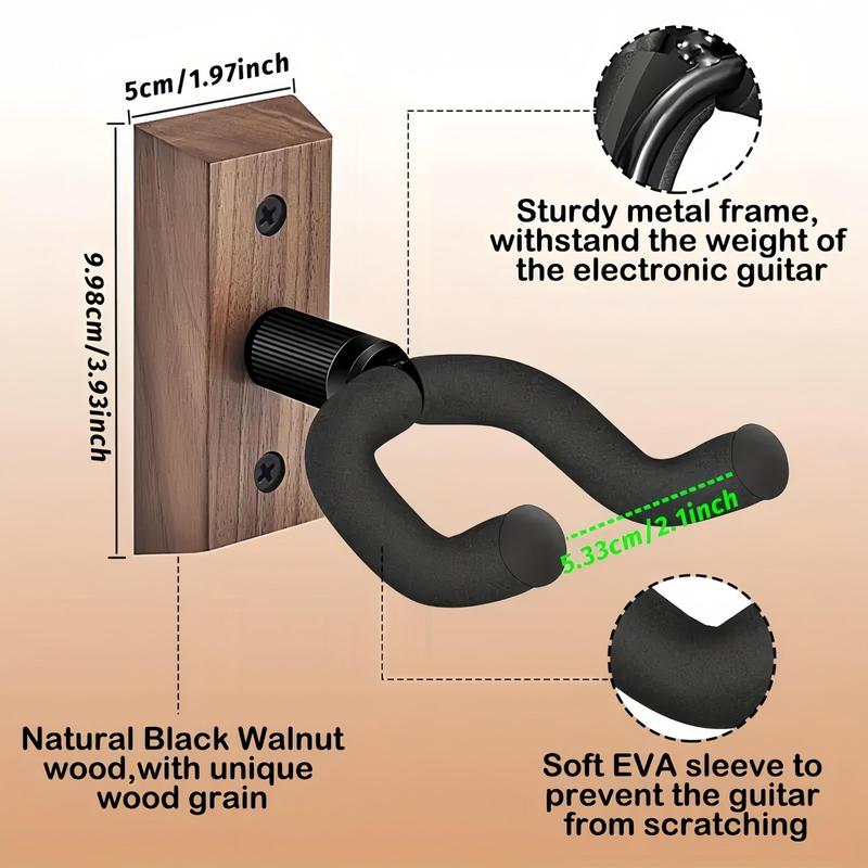 Wooden Wall Mounted Guitar Holder, 4 Counts Adjustable Guitar Hanger with Rotatable Soft Rubber Hook, Guitar Storage Hook