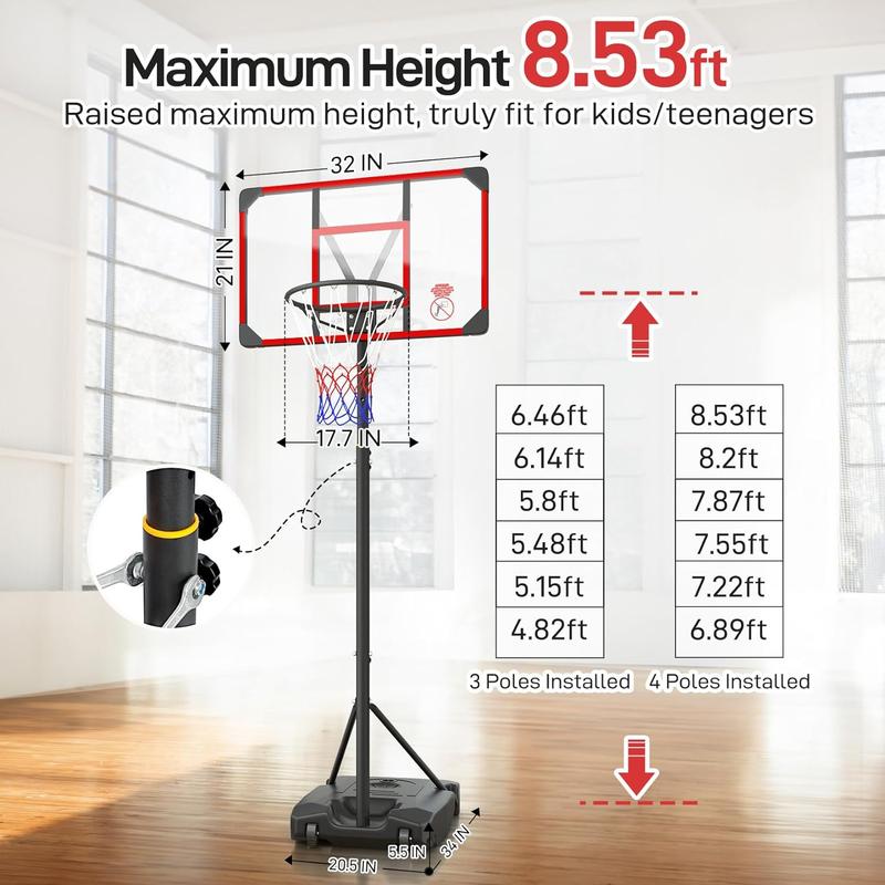 Kids Basketball Hoop Outdoor 4.82-8.53ft Adjustable, Portable Basketball Hoops & Goals for Kids Teenagers Youth in Backyard Driveway Indoor, with Enlarged Base and PC Backboard