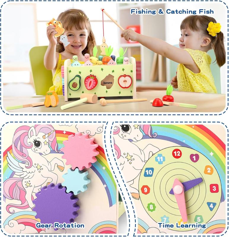 10 in 1 Montessori Toys for 1+ Year Old Wooden Hammering Pounding Unicorn Toy with Whack A Mole Xylophone Fishing