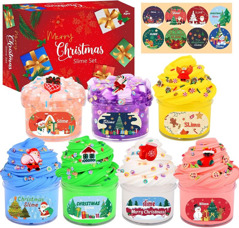 Christmas gift Christmas Slime Kit 7 Pack, with 3 Jelly Cube Crunchy Slime & 4 Butter Slime, DIY Slime Kit, Soft, Non-Sticky Stretchy Slime for Girls Boys Party Gift, Kids Stress Relief Toys, Xmas Stocking Stuffers