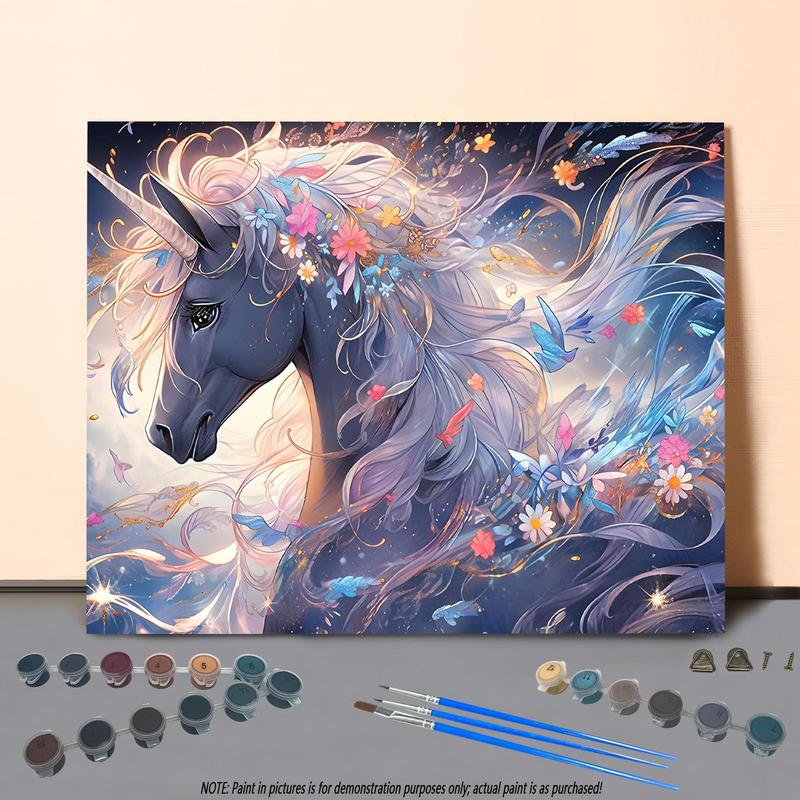 Unicorn Horse & Flower Pattern Paint By Number, 1 Set DIY Digital Oil Painting Kit on Canvas with Brush and Acrylic Pigment, Home Wall Decor (Frameless)