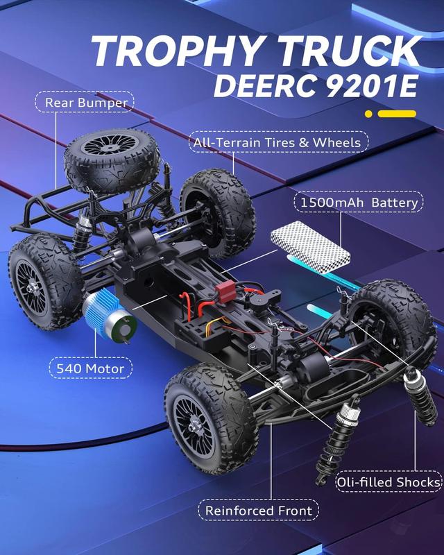 DEERC 9201E 1:10 Large Remote Control Truck with Lights, Fast Short Course RC Car, 48 km h 4x4 Off-Road Hobby Grade Toy with 2 Rechargeable Batteries