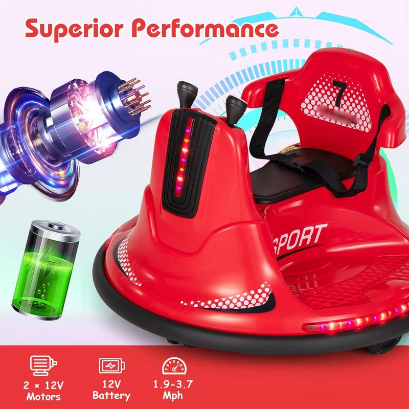 Kids Bumper Car, 12V Electric Ride on Bumper Car w 2 Driving Modes, Music,Adjustable Safety Belt, LED Lights, 360 Degree Spin, Slow Start Function, Soft Bumper for 37-95 Months Old Baby Toddlers，Holiday Gift