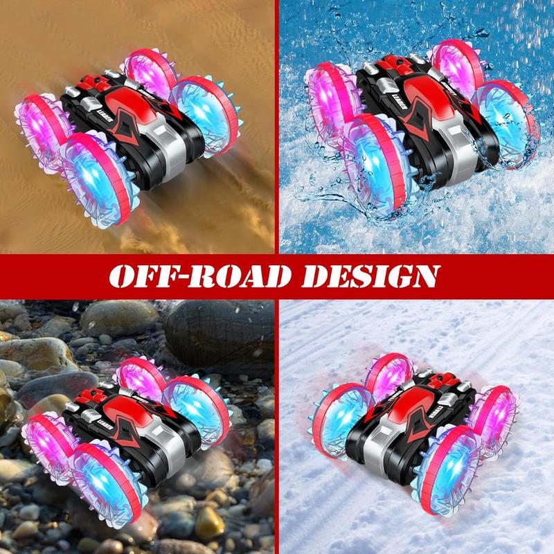 Toys for 5-12 Year Old Boys Amphibious RC Car for Kids 2.4 GHz Remote Control Boat Waterproof RC Stunt Car Truck with LED Lights 4WD Remote Control Car Boy Girl Gifts All Terrain Water Beach Pool Toy