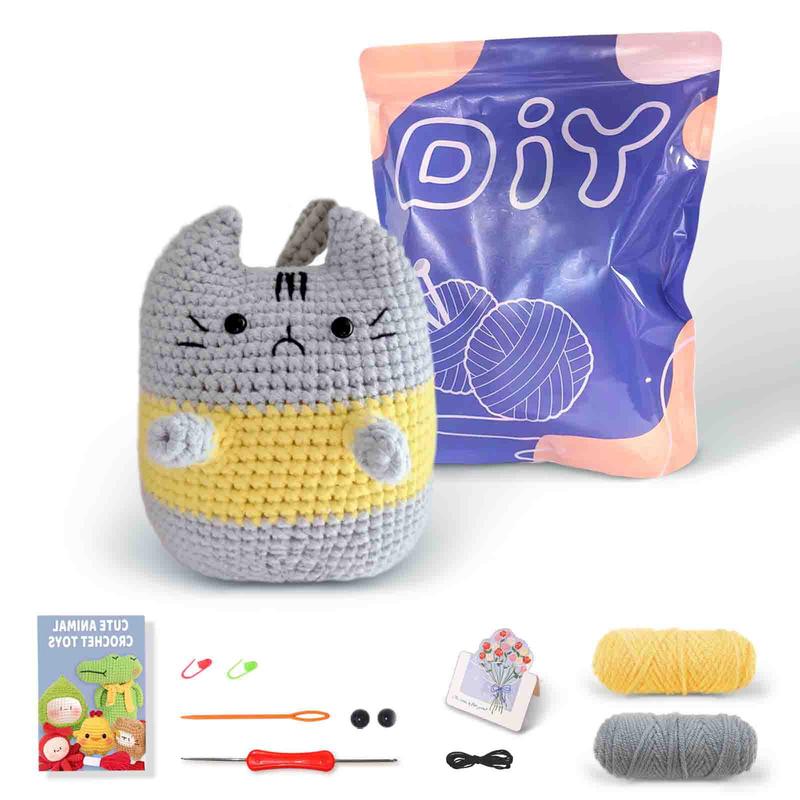 Cat Pattern Crochet Kit, 1 Set Gray Cat Crochet Kit For Beginners, Random Color Giveaways and Accessories, Suitable for Beginners, Handmade Gift For Friend Family