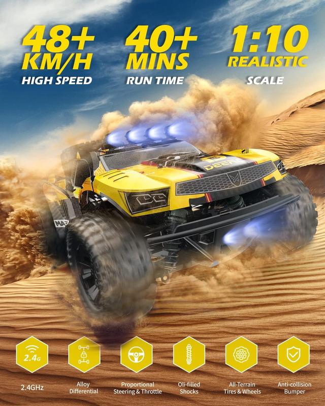 DEERC 9201E 1:10 Large Remote Control Truck with Lights, Fast Short Course RC Car, 48 km h 4x4 Off-Road Hobby Grade Toy with 2 Rechargeable Batteries