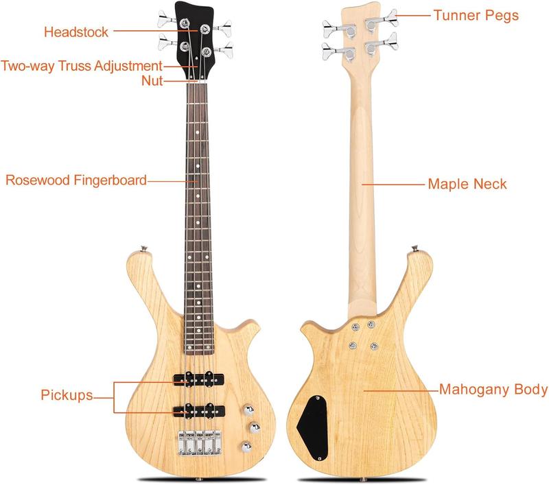 4 String Electric Bass Guitar, 36-inch Bass Guitar Kit with Split single-coil Pickup, Rosewood Fretboard, Mahogany Body for Kids, Boy and Girl, Natural