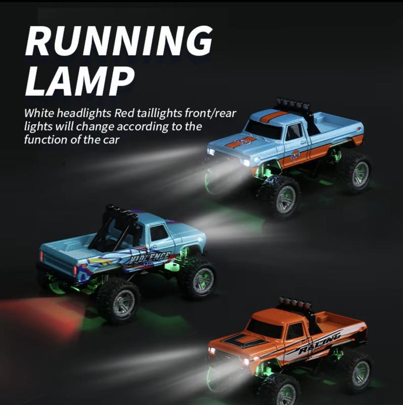 COOLLECT 1 64Mini RC Monster Truck, alloy big wheel truck, 2.4HZ RC car, remote control RWD off-road vehicle, USB rechargeable, body headlight, taillight, chassis light. Suitable for all terrains, holiday gifts for children, Christmas gifts